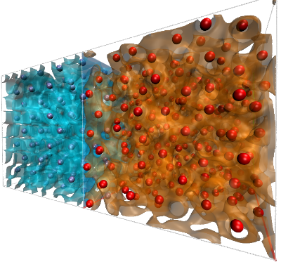 Zwei Zellen der DFT-MD-Simulationen aus Aluminium, die eine auf der Rückseite ist für fcc-Aluminium bei T=300K in einem perfekten fcc-Gitter. Die vordere Darstellung zeigt Flüssigaluminium oberhalb des Schmelzpunktes. Eine ähnliche Situation kann bei der Laserstoß-Kompression von Materie auftreten. Die blauen (roten) Kugeln stellen die Position der Aluminiumkerne dar, die blauen (roten) Oberflächen sind Isoflächen der elektronischen Dichte. Weitere Informationen unter: www.hzdr.de/db/Cms?pOid=45635&pNid=2097&pLang=de ©Copyright: Vorberger, Jan